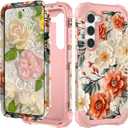 PIXIU Unique Flower Pattern Compatible with Samsung Galaxy S23 Plus case,Heavy Duty Dual Layer Shockproof Full-Body Protective Sturdy Hybrid Cute Rugged Case for Women,Girls,Kids-White/Orange (A14)