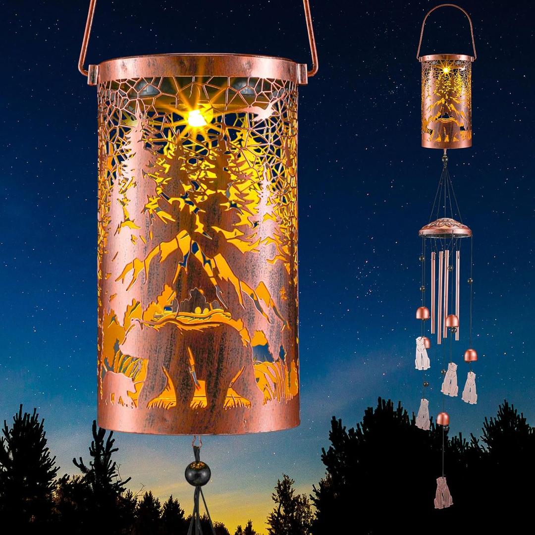 Retisee Bear Design Solar Wind Chimes Outdoor Metal Bear Gifts Solar Light Windchimes Outside Indoors Christmas Decoration Birthday Gift for Home Lawn Porch Patio Garden Yard