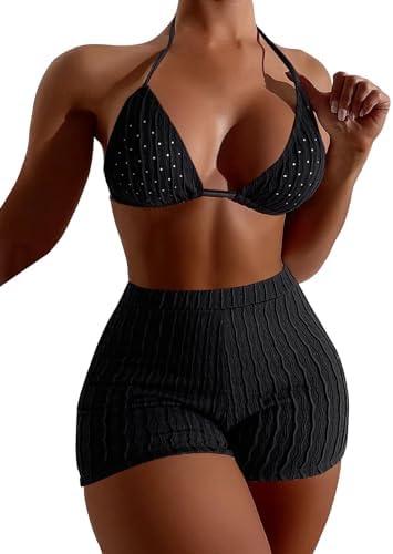 COZYEASE Women's 2 Piece Swimsuits Halter Triangle Top with High Waisted Shorts Bathing Suits Bikini Sets, S