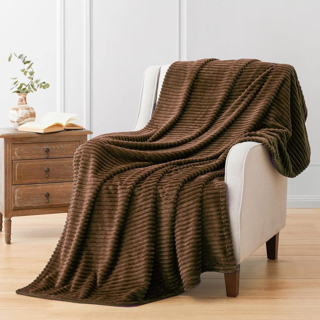 Vessia Flannel Fleece Throw Blanket(50X70 Inch), 300GSM Cozy Brown Stripe Throw for Couch, Sofa and Bed, Warm and Soft Chocolate Microfiber Ribbed Blanket for All Season