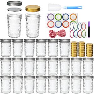 8oz Mason Jars, Canning Jars,Jam Jars forJelly,Honey, Wedding Favors, Food Storage,Kitchen & DIY Gifts, with Lables,Sponge Brush,Pen and Red Hemo Rope,Set of 24