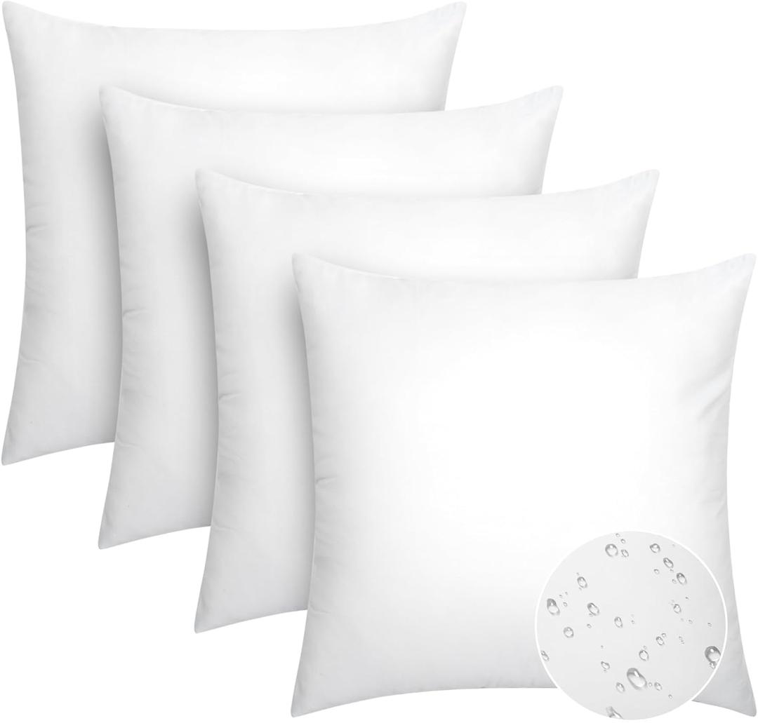 Pack of 4 18x18 Outdoor Pillow Inserts, Water Resistant Throw Pillow Inserts, Cushion Inner Pads for Patio, Furniture, Sofa, Bed, Living Room, Garden Decorative Waterproof Pillow Inserts (18x18 inch, White 4 Pack)