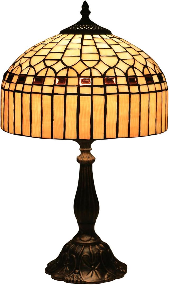 Tiffany Table Lamp, Gold Stripe Stained Glass Shade Bedside Table Lamps,Hand-Made Antique Nightstand Lamp for Bedroom Living Room Home Office+E26 LED Bulb,12X12X19 Inches