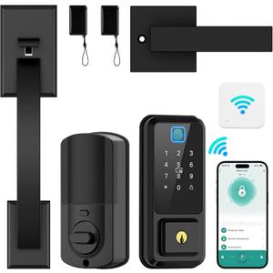 Front Door Lock Set 5 in 1 - WiFi Remote Control Unlock, Smart Locks for Front Door, Keyless Entry Door Lock Deadbolt with Handle Set, Bluetooth Enabled with Alexa Voice Control (Black)