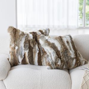MOOX Set of 2 Genuine Rabbit Fur Throw Pillow Covers 18"x18", Real Fluffy Rabbit Fur Pillowcase with Zipper, Decorative Couch Pillows Covers for Living Room, Sofa, Couch-Yellow White