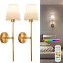 Battery Operated Wall Sconce Set of 2, Gold Rechargeable Wireless Wall Lights with Remote - 5000mAh Dimmable RGB Bulbs | 15 Color, Cordless Wall Lamps for Bedroom, Living Room, Hallway Decor