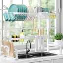 Dish Drying Rack Over The Sink - Large Capacity Stainless Steel Dish Drainer, Multifunctional Kitchen Organizer, White, 11" D x 30"~33.9''W x 21.5" H