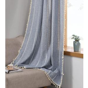 RoomTalks Boho Curtains for Bedroom Living Room 63 Inch Length Light Blue Country Farmhouse Cottage Window Curtain Panels Embroidery Striped Bohemian Tassel Draperies (63L x 52W, Blue)