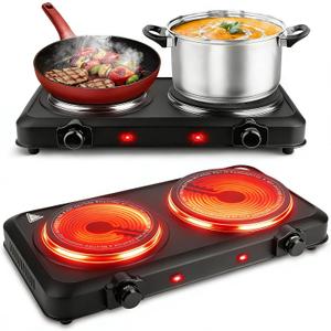 Infrared Dual Burner, 1800W Portable Electric Hot Plate with 7.5” & 6.3” Glass Cooktop, Stepless Temperature Control Countertop Stove for Home RV Camp, Dual Hot Plates