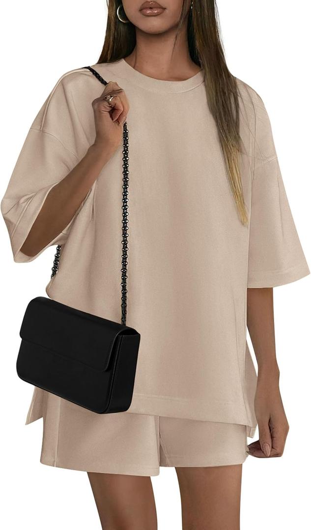 PRETTYGARDEN Women's 2 Piece Lounge Sets 2025 Summer Short Sleeve Tunic Tops Drawstring Shorts Matching Outfits Tracksuits (Beige,Small) (S)