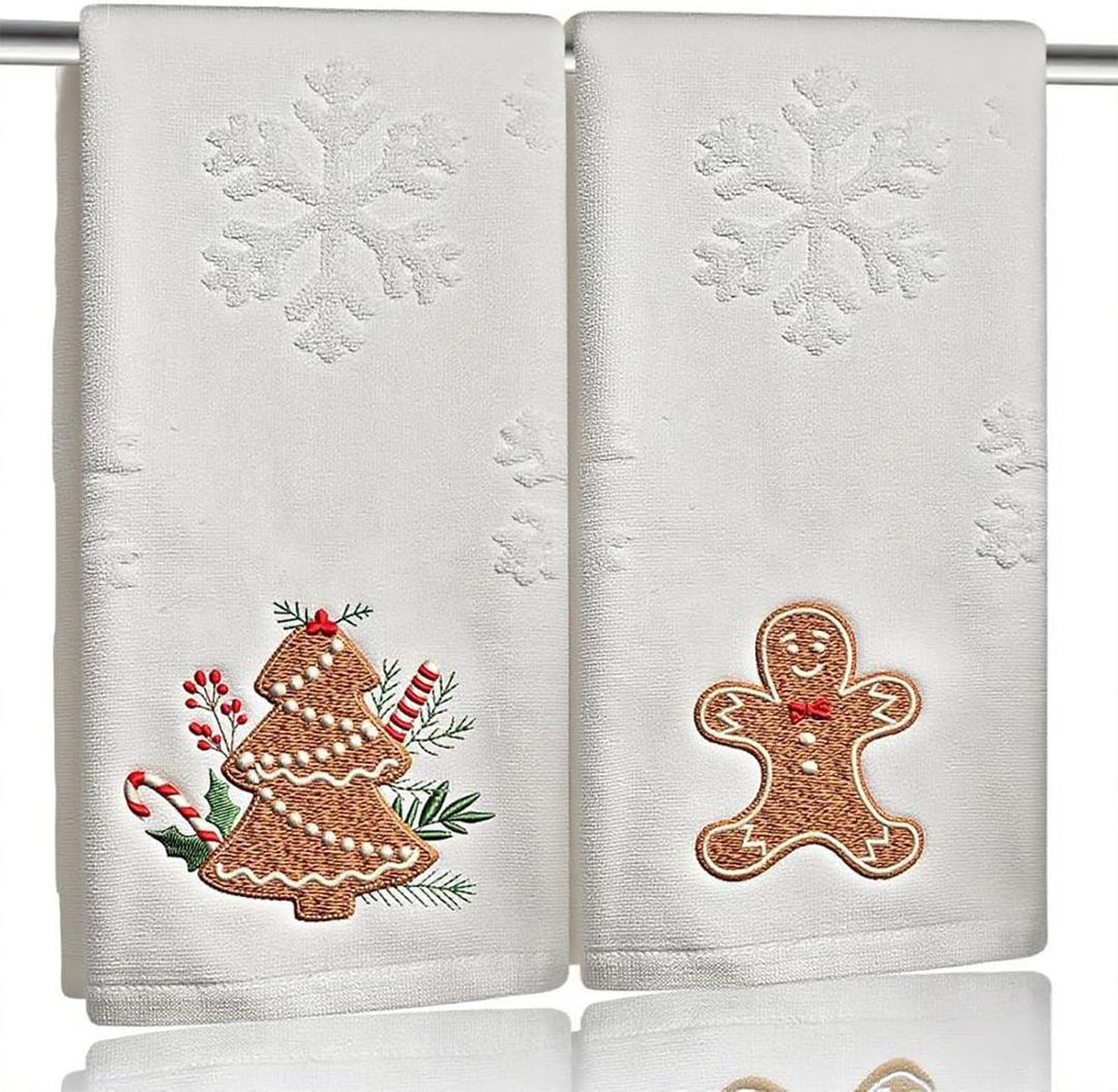 2 Pack Christmas Gingerbread Hand Towels 100% Cotton Jacquard Snowflake Embroidered Candy holiday Kitchen dish Towels Retro Neutral Beige Bathroom Towels Set gift Seasonal Xmas Winter Bathroom Decor
