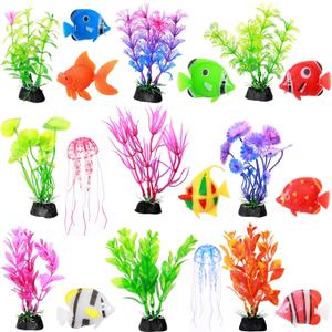 Chunyin Fish Tank Decorations, Artificial Aquatic Plants and Artificial Fishes Floating Decorations for Small Aquarium, Plastic Fake Fish, Jellyfish,Goldfish(25 Pcs)