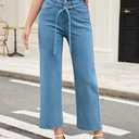 Allimy Womens Jeans High Rise Belted Wide Straight Leg Frayed Hem Jeans for Women Trendy 2025 Denim Pants (Blue)