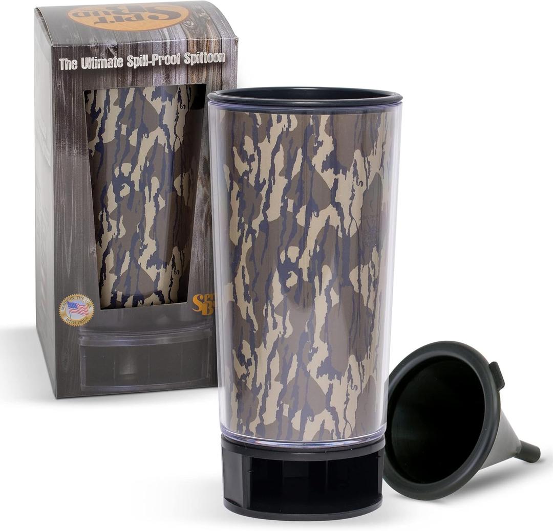 SPITBUD.COM Mossy Oak Bottomland Camo - The Ultimate Spittoon Chew - Portable Dip & Snuff Cup with Lid, Pop Tab, Spill-Proof Funnel, Can Cutter & Holder - Fit in Cup Holders - Holds 8oz - Made in USA