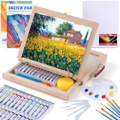 49 Pieces Watercolor Paint Set with Tabletop Easel, Complete Starter Painting Art Supplies with Watercolor Paints, Canvases, Sketch Pads, Brushes and Palette for Beginners Young Artists and Adults