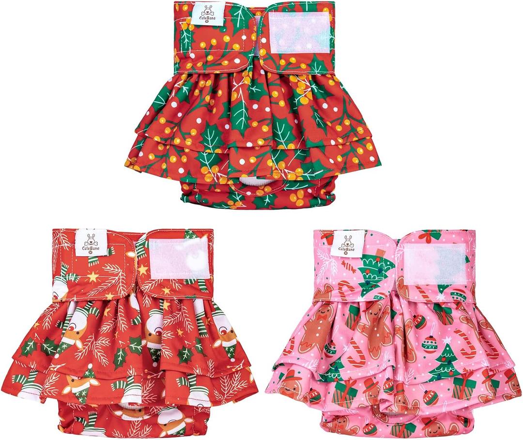 CuteBone Female Dog Diapers Christmas with Skirts 3 Pack Reusable Puppy Dresses Pants for Heat Cycle Period QBD15S