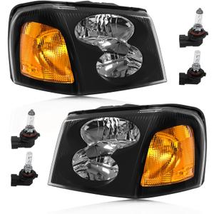 Headlight Assembly Compatible with GMC Envoy 2002-2009 Halogen Type Head Lamp, OE-Style Headlight Replacement for 15866070 15866071 GM2502220 GM2503220, Black Housing+Amber Reflector