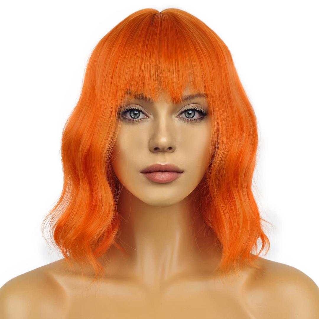 Wavy Wig With Bangs Women's Short Orange Wigs Curly Wavy Bob Synthetic Cosplay Wig for Girls Daily Use Halloween Wigs(12" Orange)