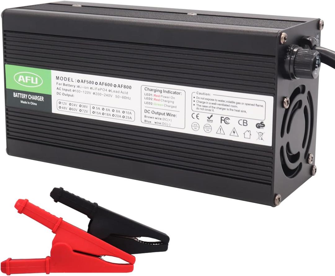 58.4V 10A Charger 48V LiFePO4 Battery Charger for 16S 48V LiFePO4 Battery Pack Smart Charger Full with Alligator Clip Connector