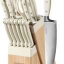 CAROTE 14 Pieces Knife Set with Block, Forged, High Carbon Stainless Steel Sharp Blade Block Knife Set, Dishwasher Safe Cutlery, Cream