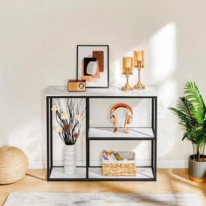 WOHOMO Console Table, 12 Inch Narrow Entryway Table for Living Room, 31.5 Inch Modern Industrial Sofa Table with 3-Tier Storage Shelves for Corridor, Hallway, White Marble