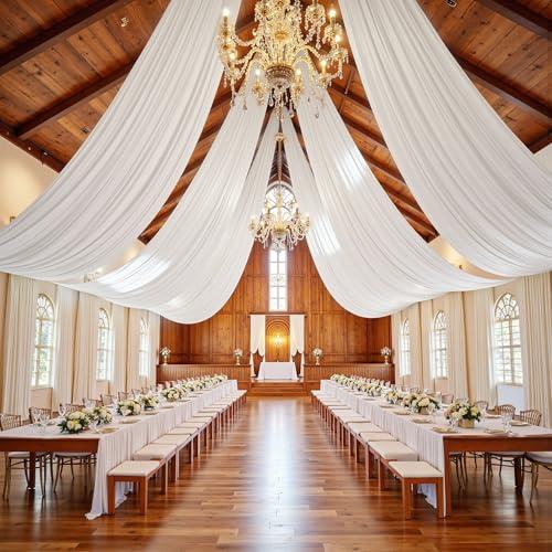 4 Panels 5ftx30ft White Ceiling Drapes for Independence Day Wedding Parties – 30 FT Extra Long Thick Polyester Wrinkle-Free Drapery Tent Decor Decorations for Birthday Party Ceremony Stage Swag