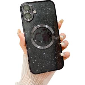 Compatible for iPhone 16 Case Glitter Clear Paw Love Heart Compatible with MagSafe, Camera Lens Protection Soft Slim Thin Magnetic Bling Phone Case - Black