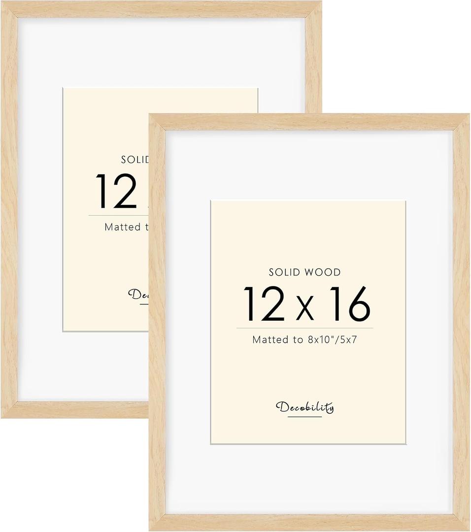 12x16 Solid Wood Poster Frame Set of 2, Natural Wood Picture Frame with two paper mats, Display Picture 8x10 or 2-5x7 with mat, 12x16 without Mat, Wall Mounting Display, Oak