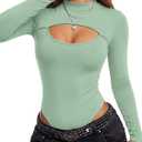 LYANER Women's Mock Neck Sexy Cutout Front Long Sleeve Slim Fit Bodysuit Leotard Top L
