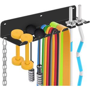 FizLig Gym Equipment Storage Rack - Multi-Purpose Home Gym Organization Storage Wall Mount for Resistance Bands, Jump Ropes, Lifting Belt, Chains, Barbells (16" / 8 Prongs)