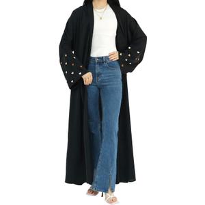 Abayas for Women Muslim Islamic Dubai Cardigan Open Front Chiffon Dress Long Sleeve Maxi Abaya Long Kaftan Robe(No Scarf) (Medium, Blacka)