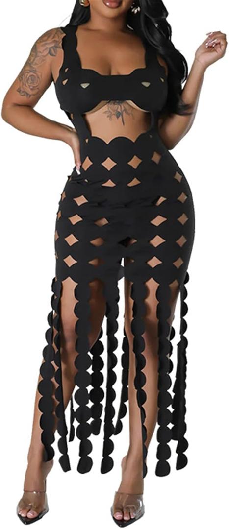 Recious Womens Sexy Sleeveless Solid Color Cut Out Hollow Tassel Dress Beach Dress Vacation Dress (Small, Circular-black)