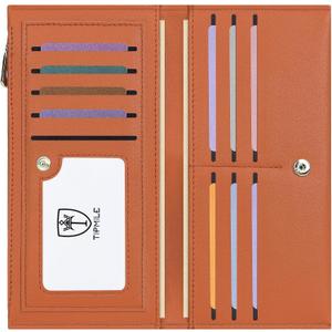 Ultra Slim Wallet for Women Bifold Leather RFID Blocking Credit Card Holder Ladies Womens Wallet with Zip Pocket (Orange and Brown)