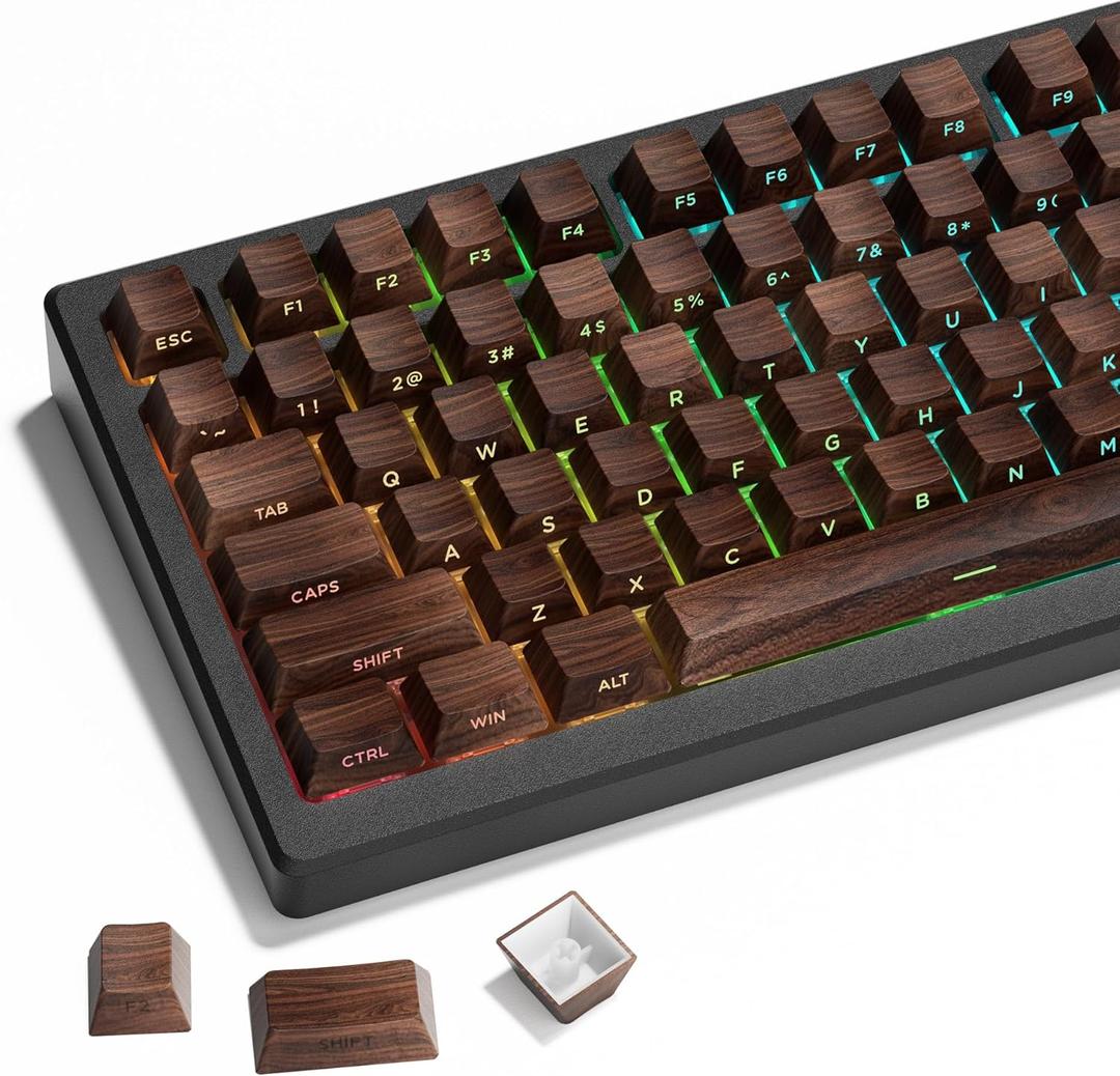 XVX PBT Keycaps - Side Print Shine Through Custom Keycaps 60 65 75 100 Percent, Retro Dye Sub & Double Shot Key caps Set 126 Keys, Cherry Profile for Mechanical Keyboard, Walnut Textures
