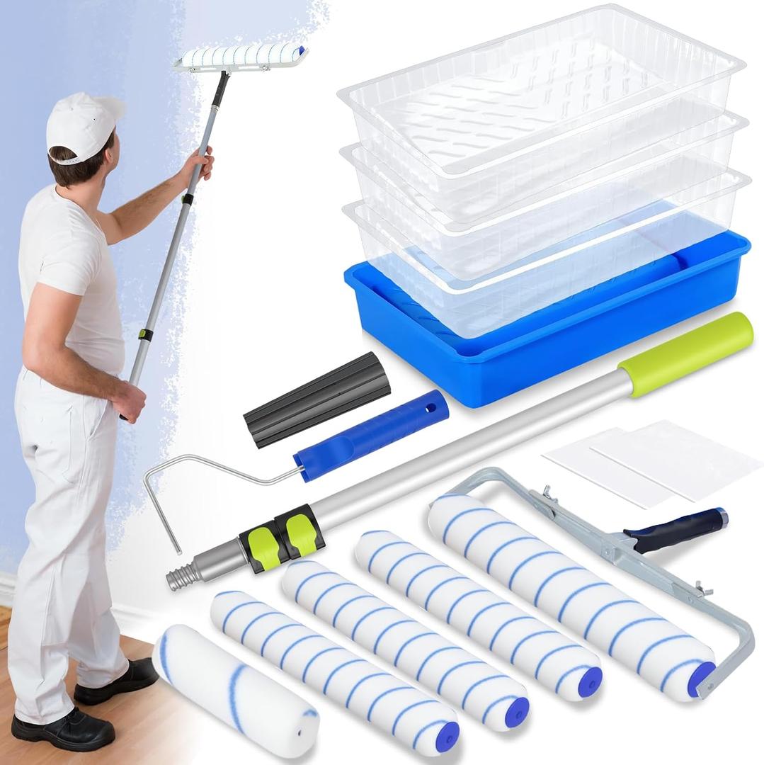 18 Inch Paint Roller Kit, 14 Pack Paint Roller Set with 2-4 Ft Extension Pole, Paint Tray Liners with Plastic Sheeting for Painting Walls Ceilings House Corner Stain (White and Blue)
