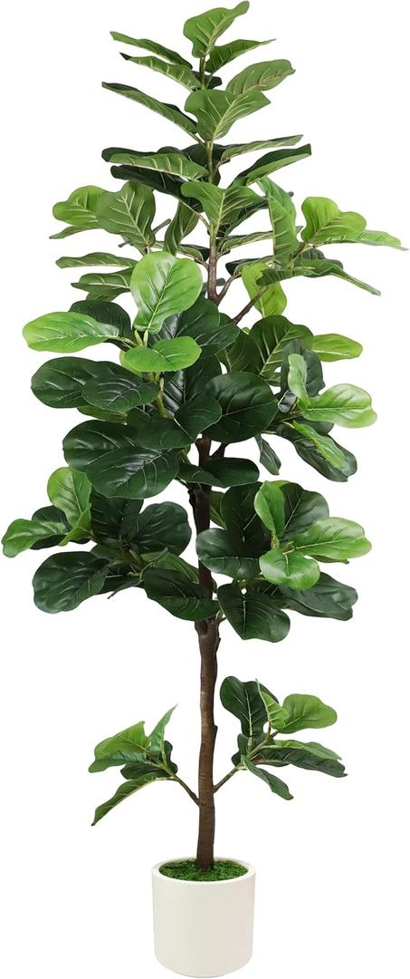 6FT Artificial Fiddle Leaf Fig Tree with White Planter & Fake Moss, Realistic Faux Ficus Lyrata Floor Plant for Indoor Home Office Decor, Housewarming Gift