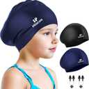 2 Pack Kids Swim Cap for Girls Boys, 2 Size Silicone Swimming Cap for Toddlers Children Teens, Waterproof Swim Hatsfor Long Hair to Keep Hair Dry (8T-15T, Black+Navy)