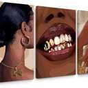 Black Woman Wall Art Decor Black Girl Canvas Wall Art African American Pictures Posters Black Female Wall Art Painting Women Feminine Boho Artwork for Home Bedroom 12x16 Inch Framed, Set of 3 (Black Teeth Prints)