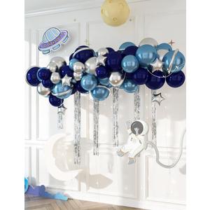 HOUSE OF PARTY Space Balloon Arch Kit - Metallic Blue, Pearl Navy, Silver and Galaxy Astronaut Balloons. Silver Holographic Fringe Curtains for Space Birthday Party Decorations