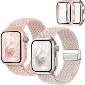 2 Pack Magnetic Braided Stretchy Bands with Cases for Apple Watch Women Men | Soft Nylon Sport Solo Loop Strap 40/41/42/44/45/46mm with Cover & Screen Protector, Fits iWatch Series 11 10 9 8 7 6 5 4 SE