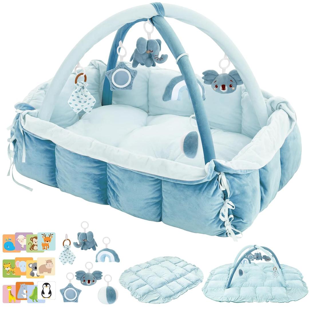 5-in-1 Baby Play Gym and Tummy Time Mat, 12 Learning Cards, Plush Activity Mat with 6 Toys, Baby Gym, Convertible to Ball Pit, Baby Gift, Blue