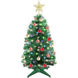 3Ft Christmas Tree with Lights, Table Christmas Tree with 50 LED 12 Modes, 3D Star, 15 Hanging Ball Ornaments, Small Prelit Xmas Tree for Tabletop, Home and Office (Green)
