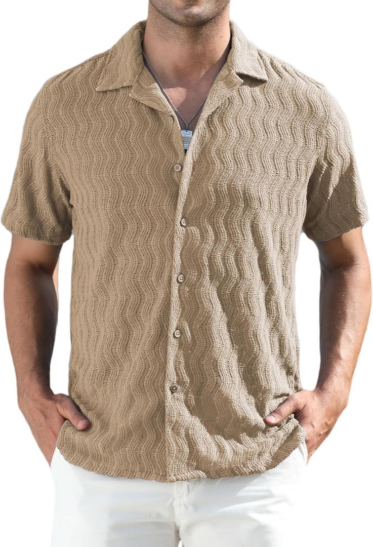 Alex Vando Mens Summer Shirts See Through Sheer Lace Casual Short Sleeve Button Down Beach Shirt (Brown, S)
