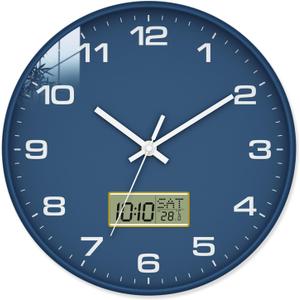 12 Inch Wall Clock, Silent Non-Ticking Analog with LCD Display, Battery Operated, Perpetual Calendar, Date, Weekday & Temperature (C/F), Tempered Glass for Living Room, Bedroom, Kitchen, Office