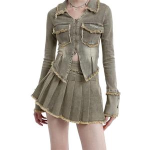 Aelfric Eden Womens Denim Jacket Fringe Two-Way Zipper Fashion Vintage Washed Long Sleeve Jean Coat and Skirt (S, Blue)