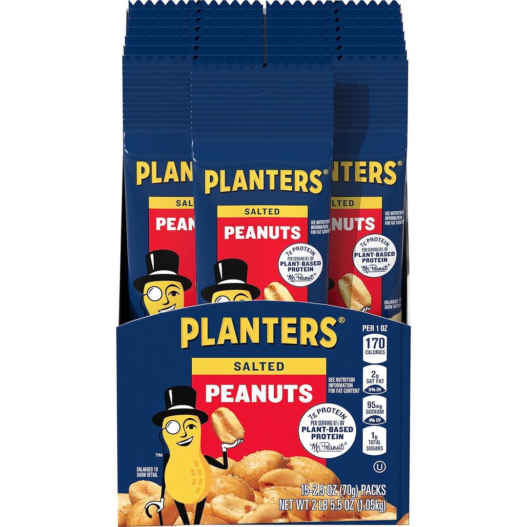 PLANTERS Salted Peanuts, 2.5 oz, 15-Pack, Snack Nuts (EXP 05/28/26)