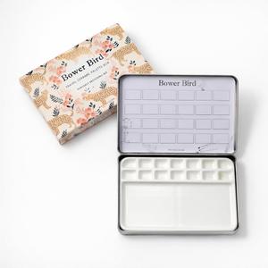 Bower Bird Travel Watercolor Palette,Portable Ceramic Palette 14 Well,Empty Paint Palette,Small Travel Metal Paint Boxwith Porcelain Palette