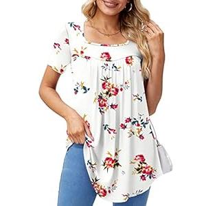 Elegant Shirts for Women Dressy Casual Short Sleeve Square Neck Tops Floral Print White Rose Flower S