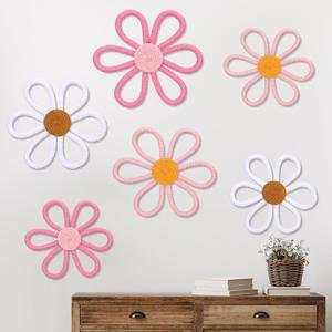 Barydat 6 Pcs Boho Nursery Decor Daisy Flower Woven Macrame Wall Hanging 3 Size Daisy Flower Wall Decor Bohemian Nursery Decorations for Home Dorm Art(Cute Color)