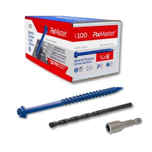 1/4 x 6 Hex Head Blue Concrete Screw Anchors (100 pcs Screw Kit) with one Screwdriver and Drill Bit for Concrete, Masonry, Block, Brick and Wood Fastening